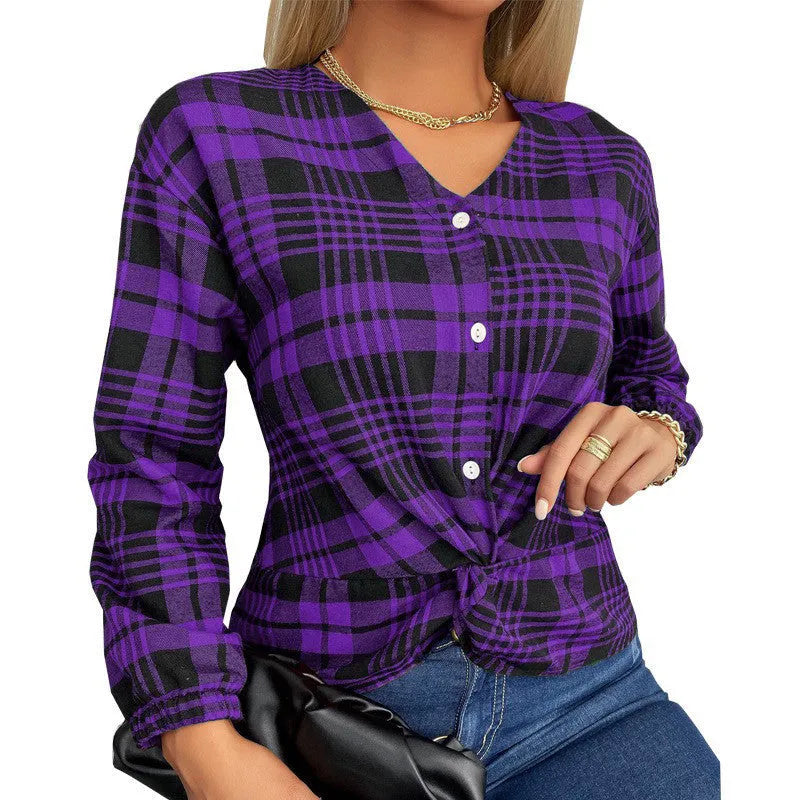 Women's loose fit plaid casual shirt in polyester fabric available in grey, purple or red colours