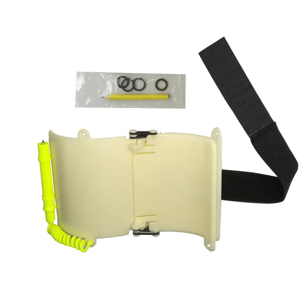 White luminous dive slate wristboard for underwater communication with pencil and spare O-ring seal