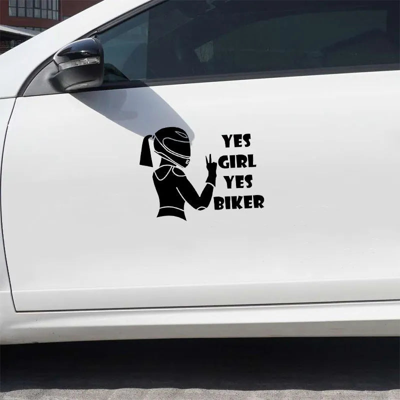 Girl Rider waterproof car sticker measuring 16cm by 15cm in black, white, and laser colours