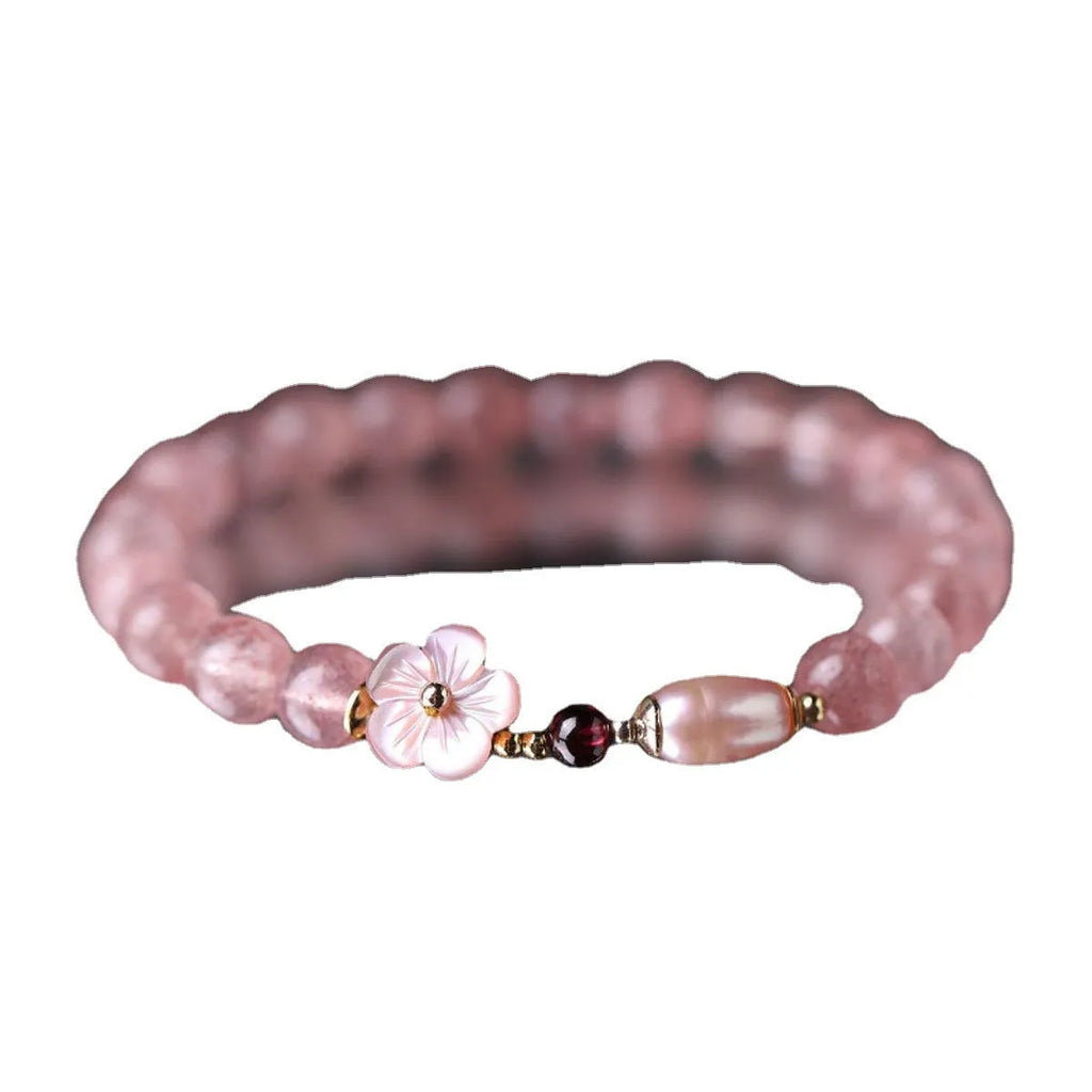Strawberry quartz peach blossom crystal bracelet with floral design for women
