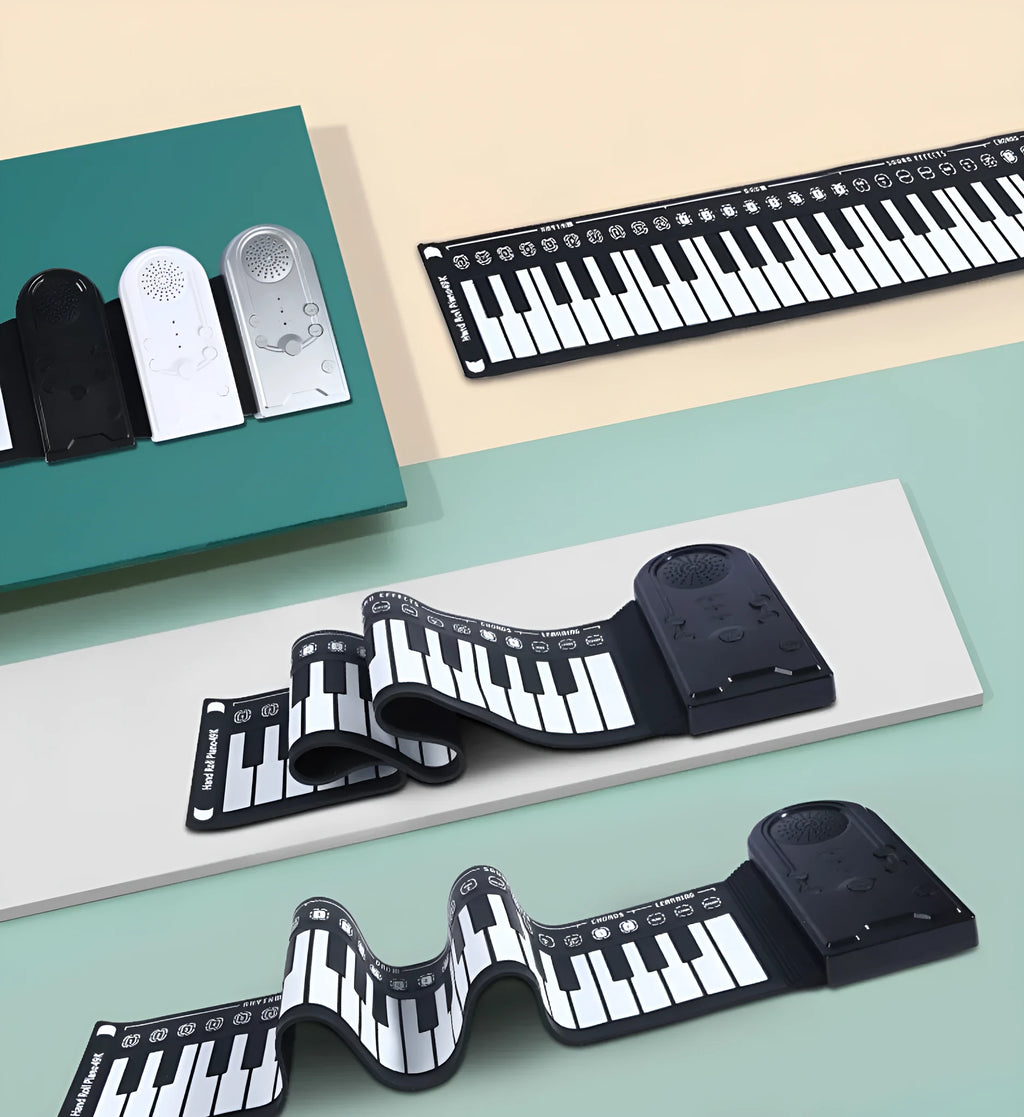 Portable folding electronic keyboard with 49 silicone rubber keys in hand roll design, shown in gloss black finish