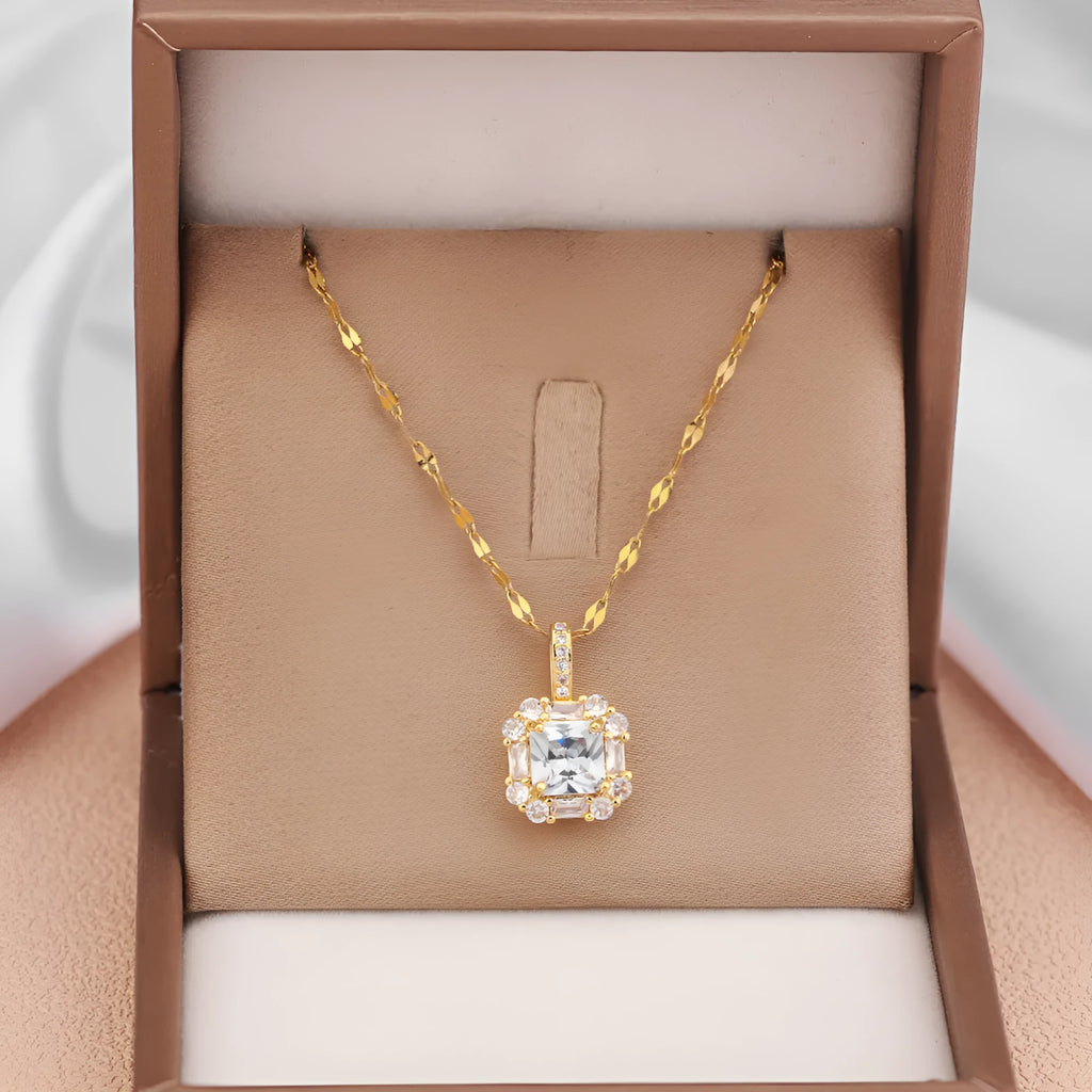 Women's gold geometric pendant necklace with mixed gemstone inlay on water wave chain