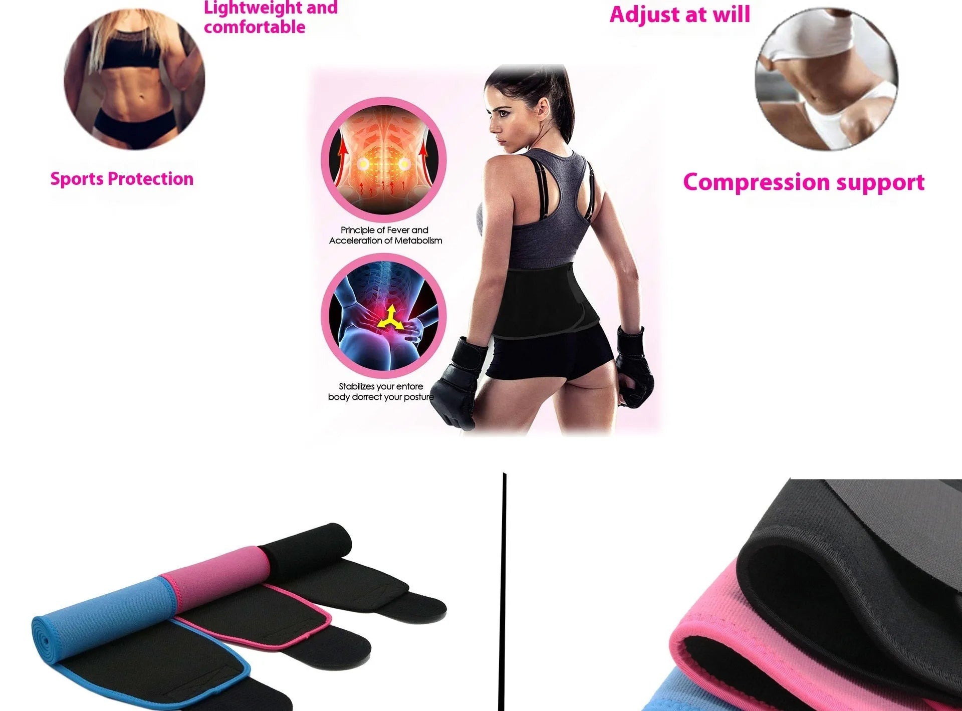 Black neoprene lumbar support waist belt for fitness and running sports.