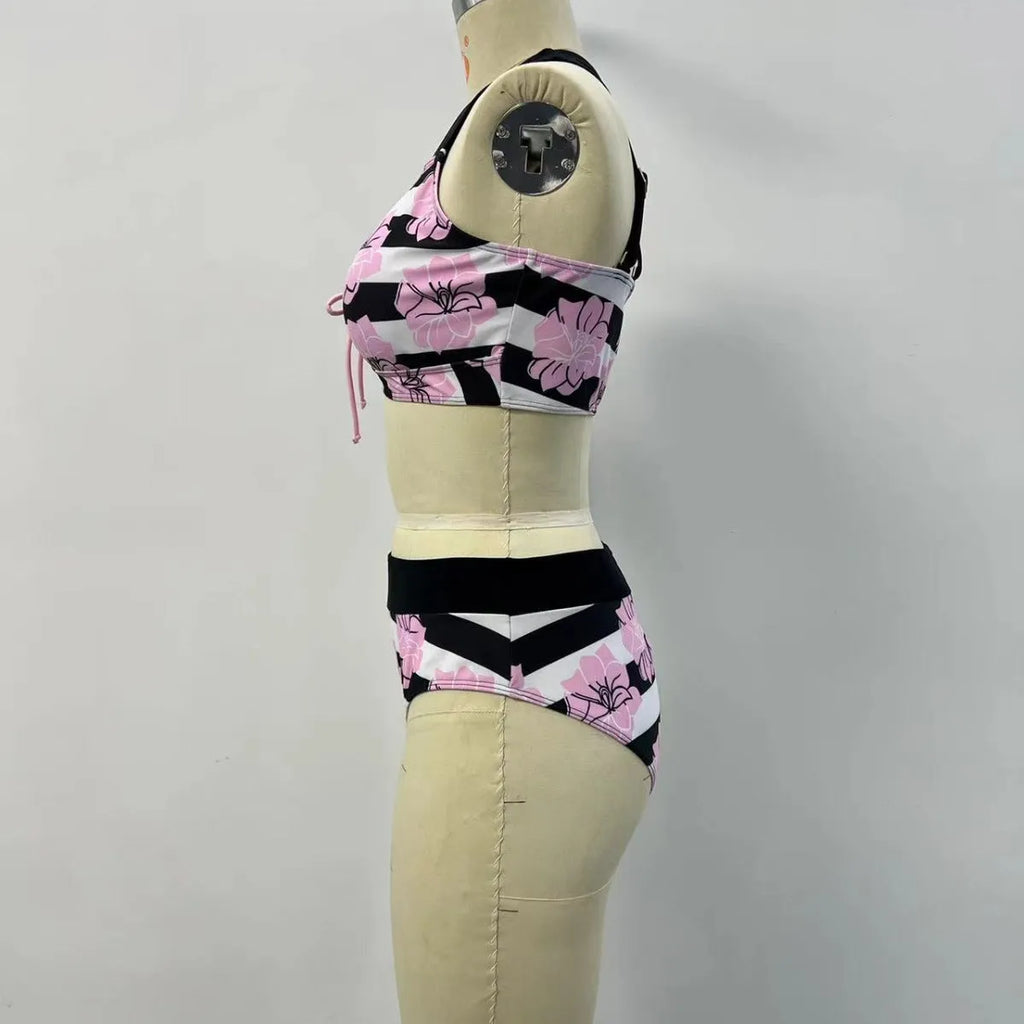 Women's black printed belly covered slimming split bikini swimsuit set