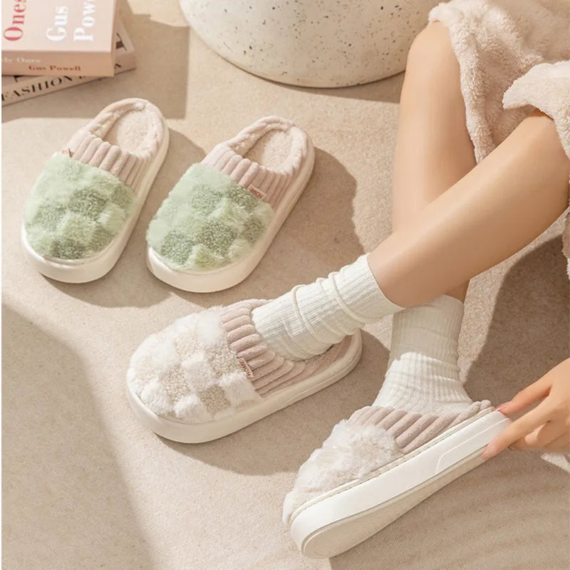 Women's plaid pattern plush indoor slippers with coral velvet upper and anti-slip sole in coffee colour.