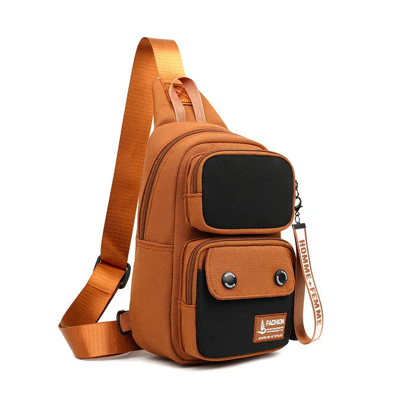 Outdoor leisure crossbody shoulder bag in nylon, shown in beige contrast colour with storage compartments.