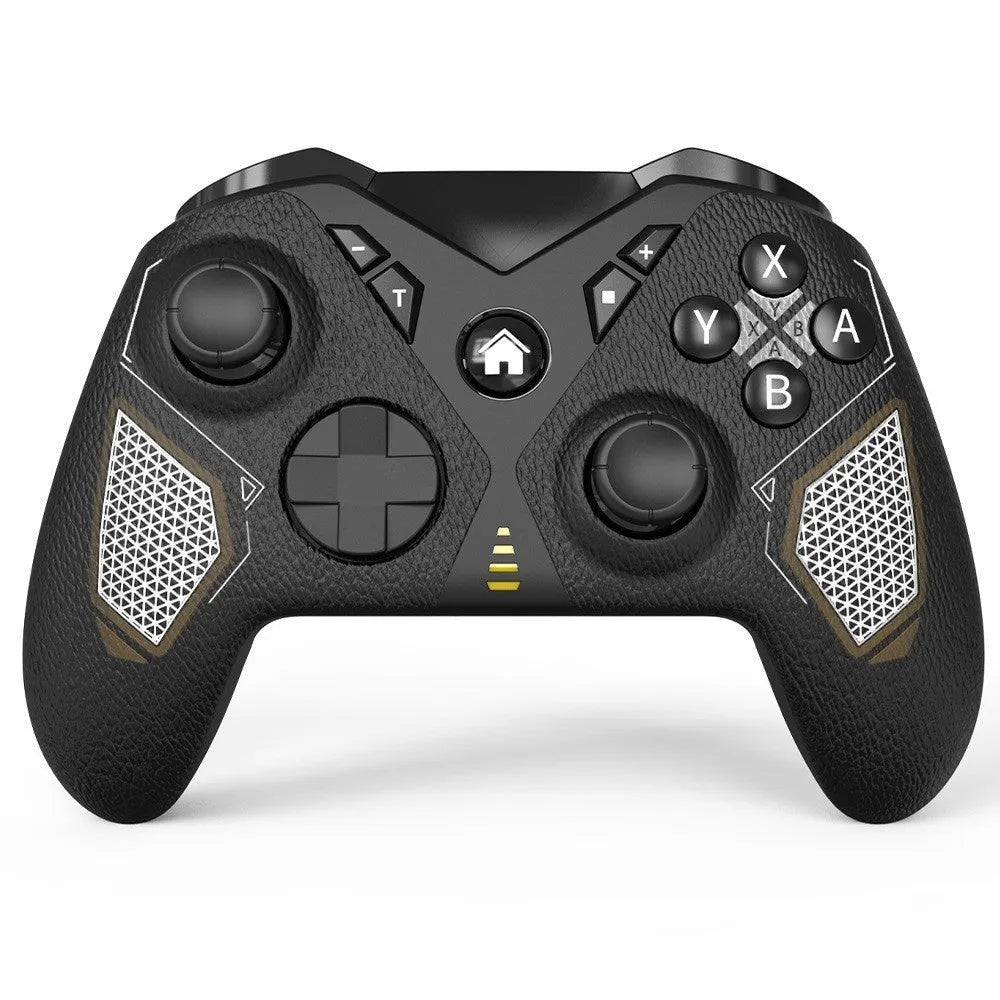 Black wireless Bluetooth gaming controller with leather-pattern texture on grips for Nintendo, PC and phone.