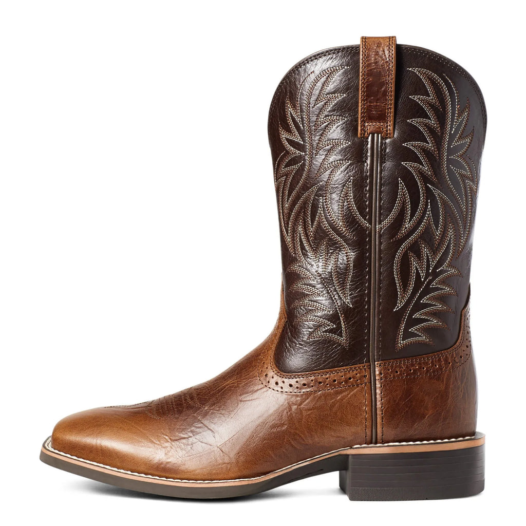 Men's black and brown Western cowboy boots with high embroidery stitching and wide square toe.