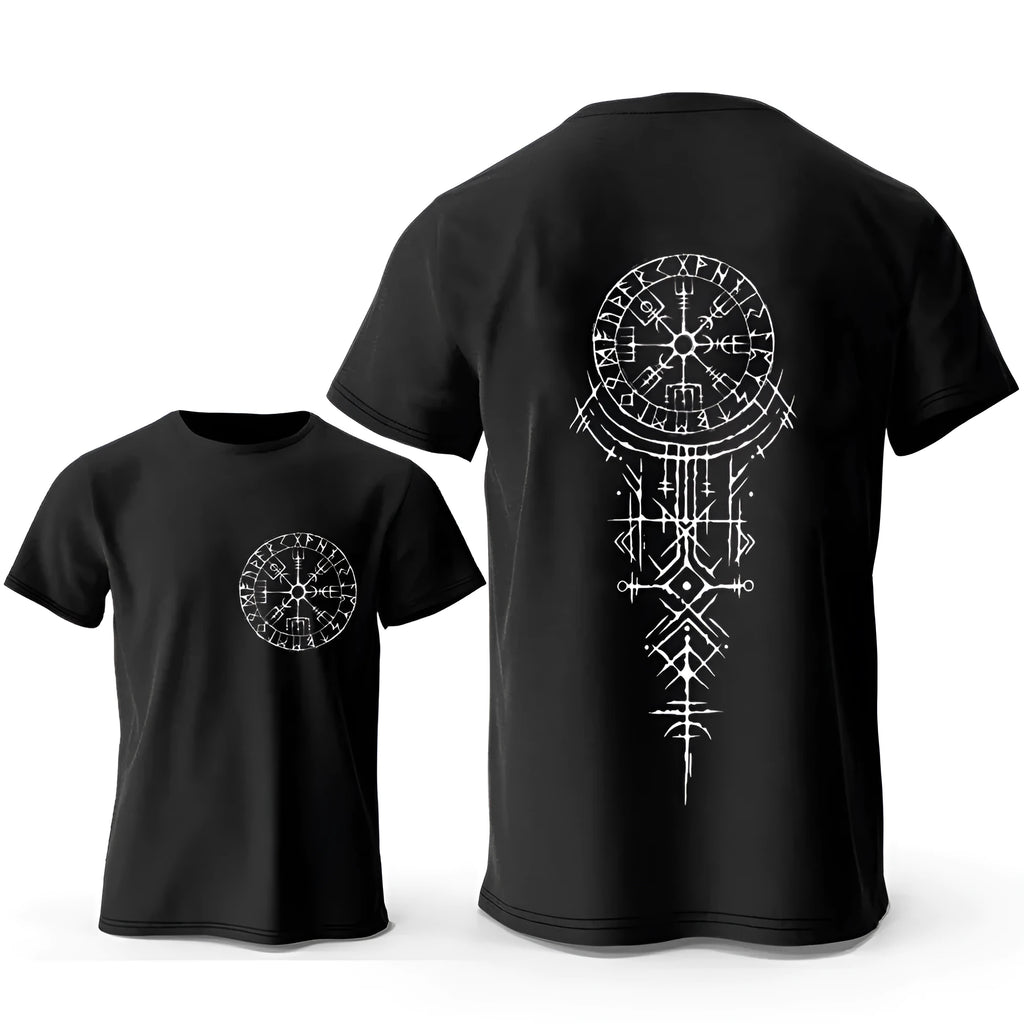 Men's Viking rune compass graphic T-shirt on pure cotton with smiling face design