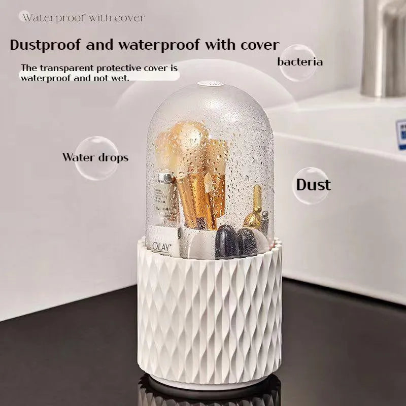 White rotating transparent acrylic makeup brush storage organiser with dustproof lid