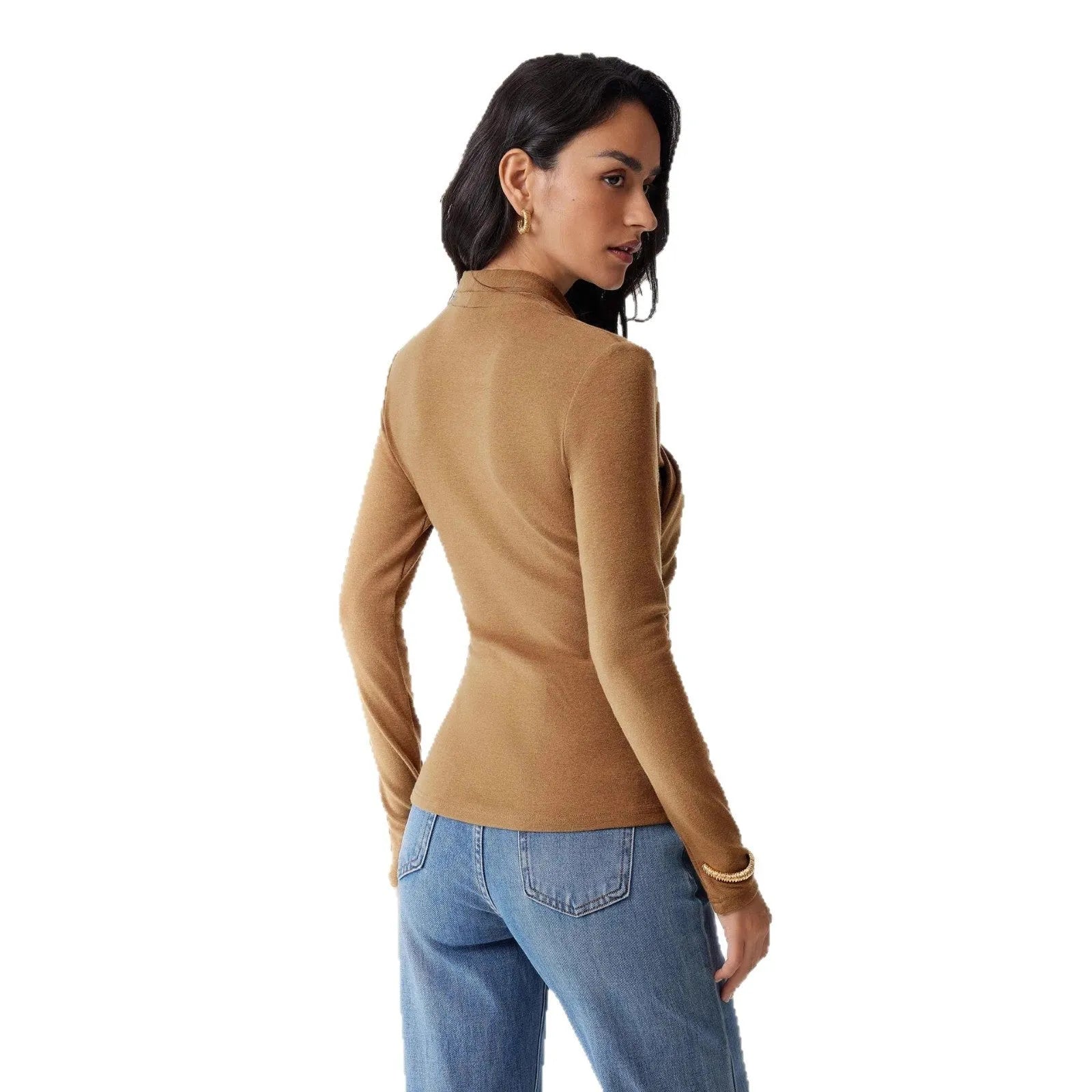 Camel-coloured women's slim fit pullover sweater with long sleeves on a hanger.