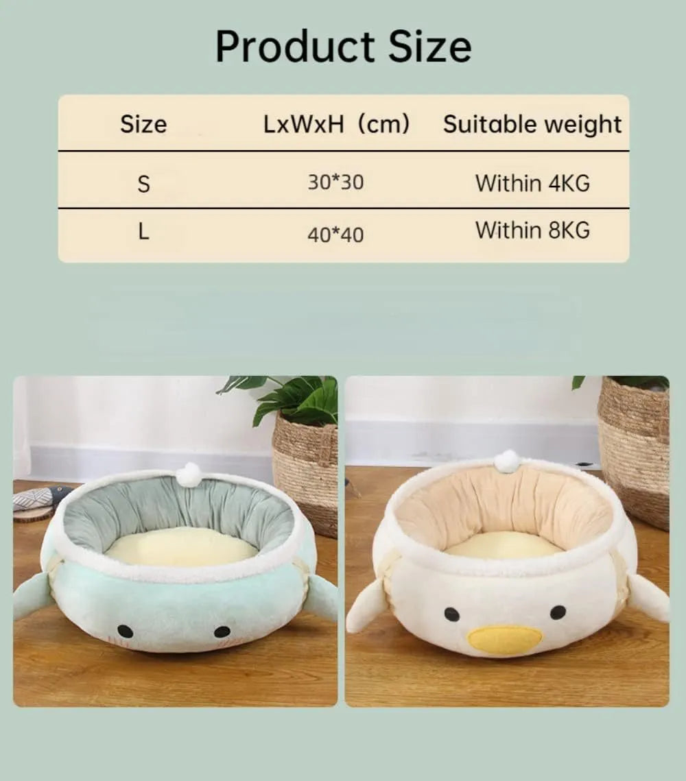 Green chick-shaped cat bed shown both flat and hanging as a hammock, suitable for small pets.