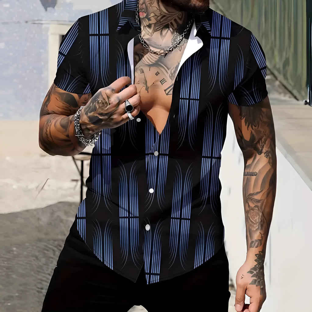 Men's slim fit geometric print short sleeve shirt with lapel collar in a light colour.
