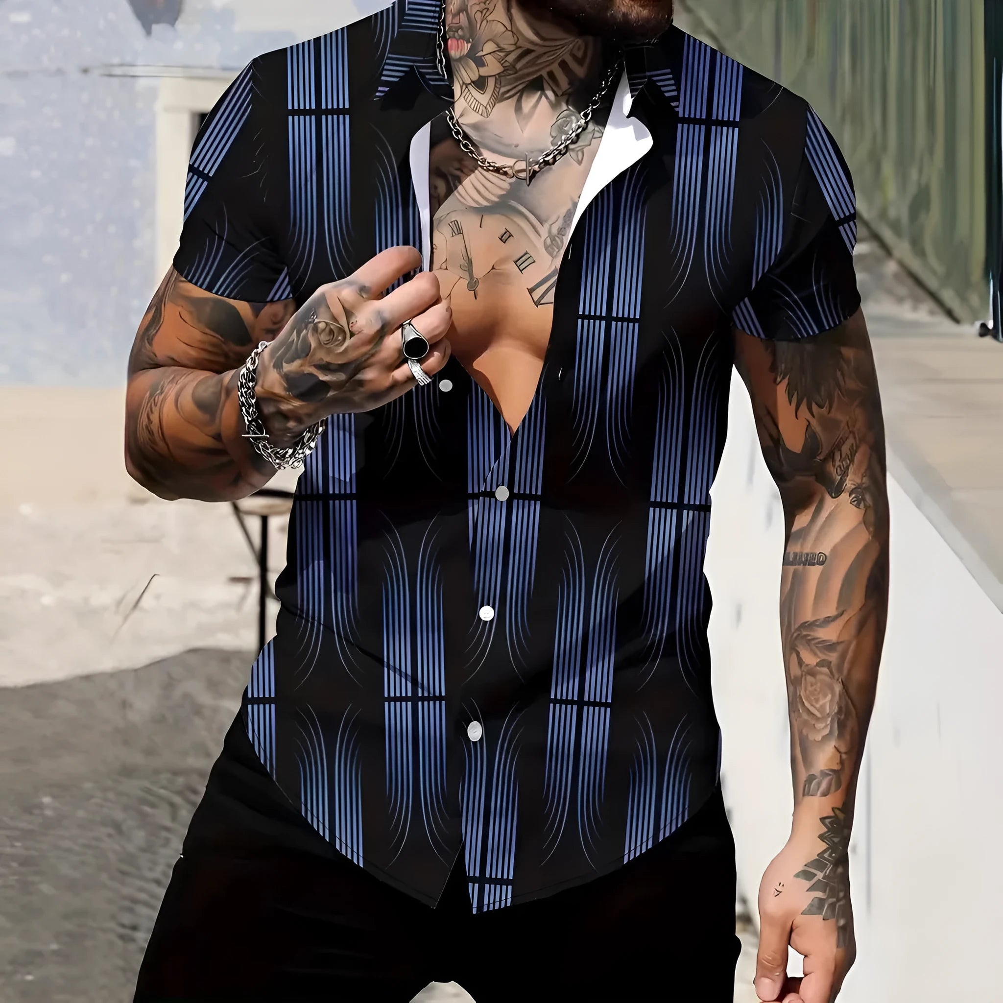 Men's slim fit geometric print short sleeve shirt with lapel collar in a light colour.
