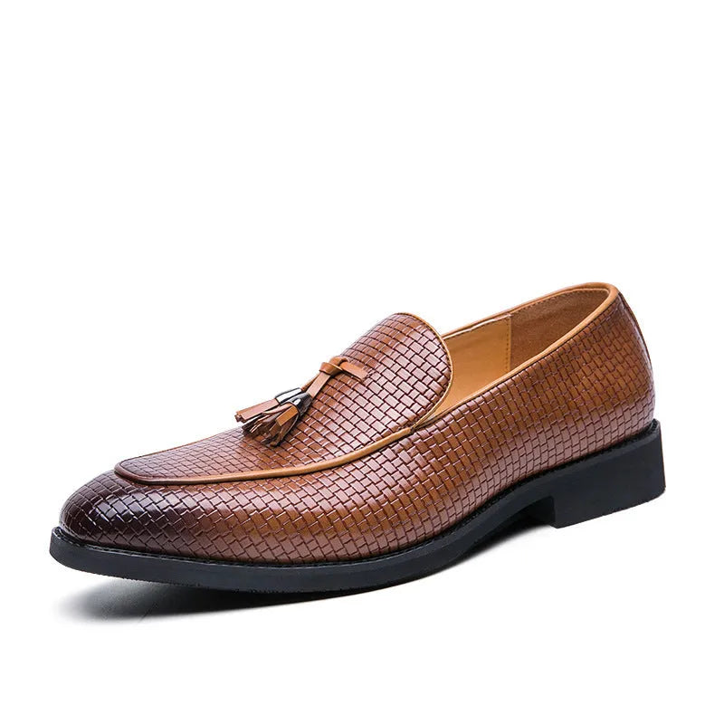 Men's black pointed slip-on business shoes with tassel detail on artificial PU upper