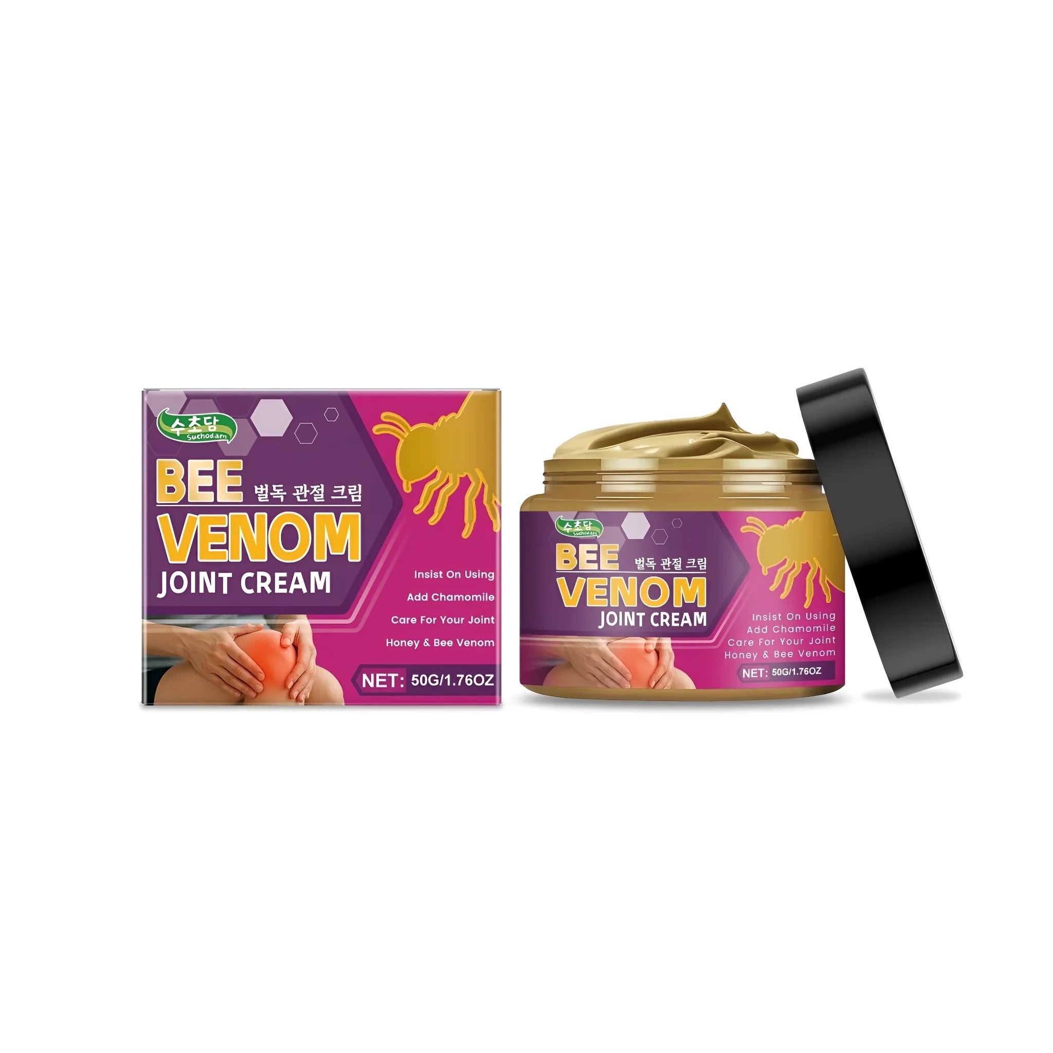 50g tube of joint cream with chamomile, aloe, honey, and bee venom extracts.