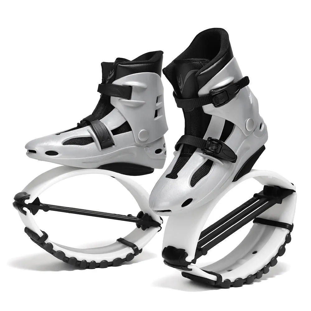 TPU bouncing shoes for sports in colours like black silver, green black, and rose pink.