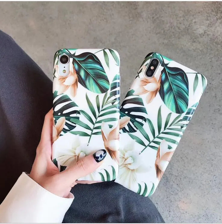 Soft TPU floral phone back cover with banana leaf art for iPhone, shown in flower leaves colour.
