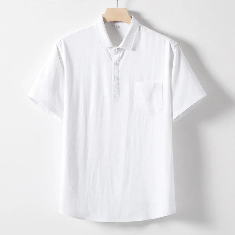 Men's linen T-shirt with loose lapel collar in hemp blend fabric showing size options