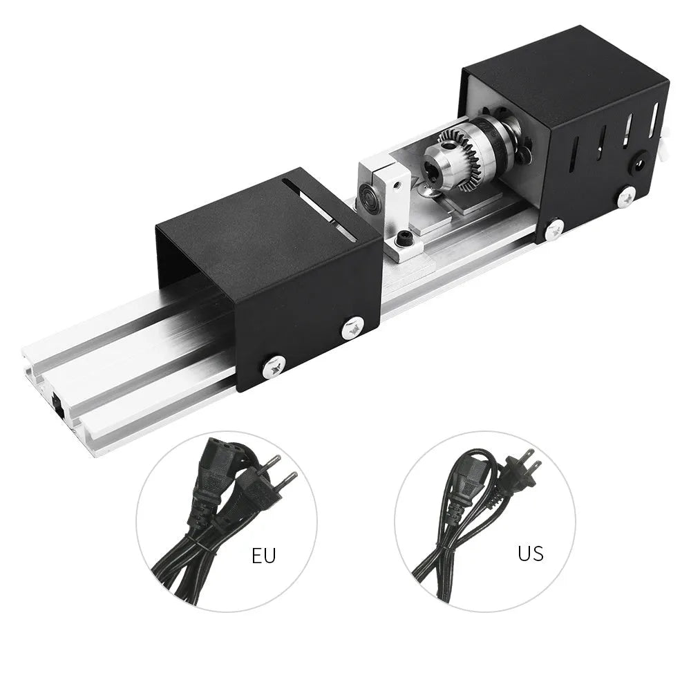 Metal mini woodworking lathe with carving knives and tools for small woodturning projects