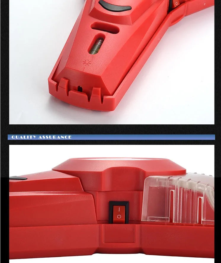 Red portable infrared laser level with punching function on a wooden workbench.