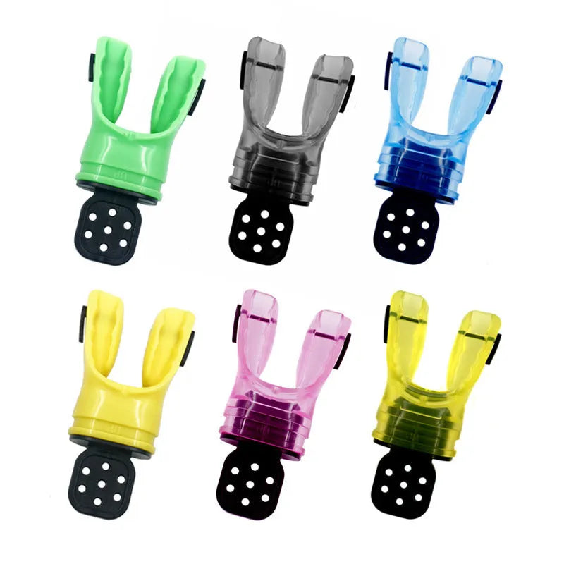 Edible silicone diving mouthpiece, 110mm long, shown in various colours including transparent and solid options.