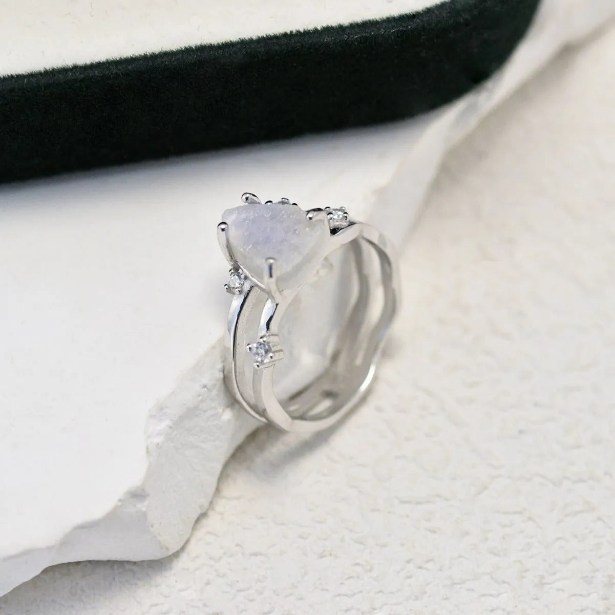 S925 sterling silver irregular triangle moonstone ring in rose gold, white gold, or yellow gold plating.