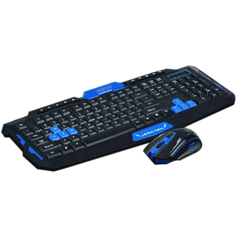 Black and blue wireless keyboard and mouse set on desk