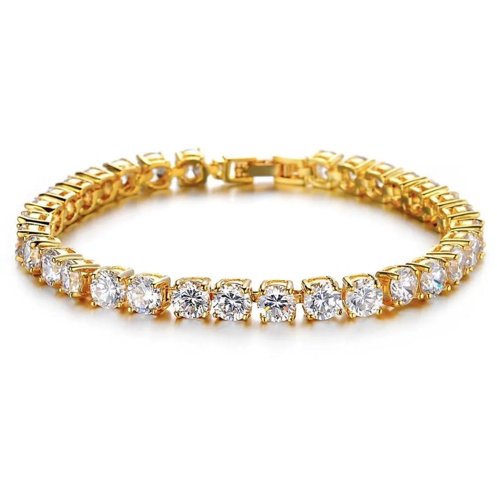 Men's silver alloy hip hop bracelet with a single row of clear rhinestones and geometric zirconia charms on a link chain.