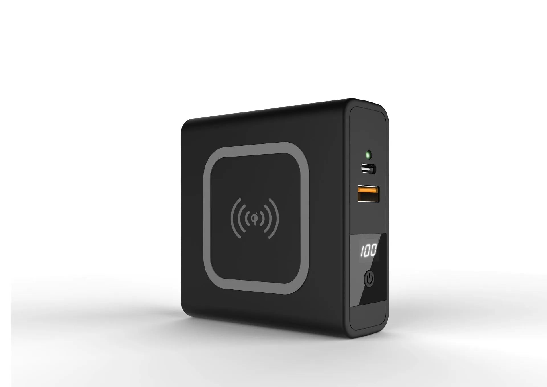Black and white PD20W fast charging power bank with wireless capability and integrated plug