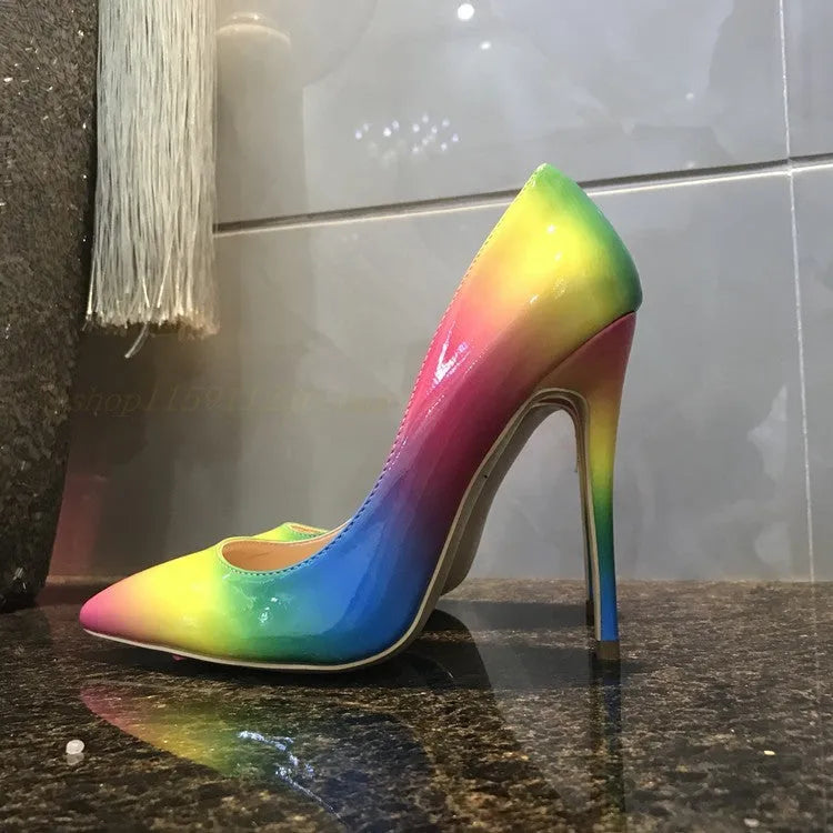 Rainbow patent leather women's stiletto heels with pointed toe and ultra-high thin heel