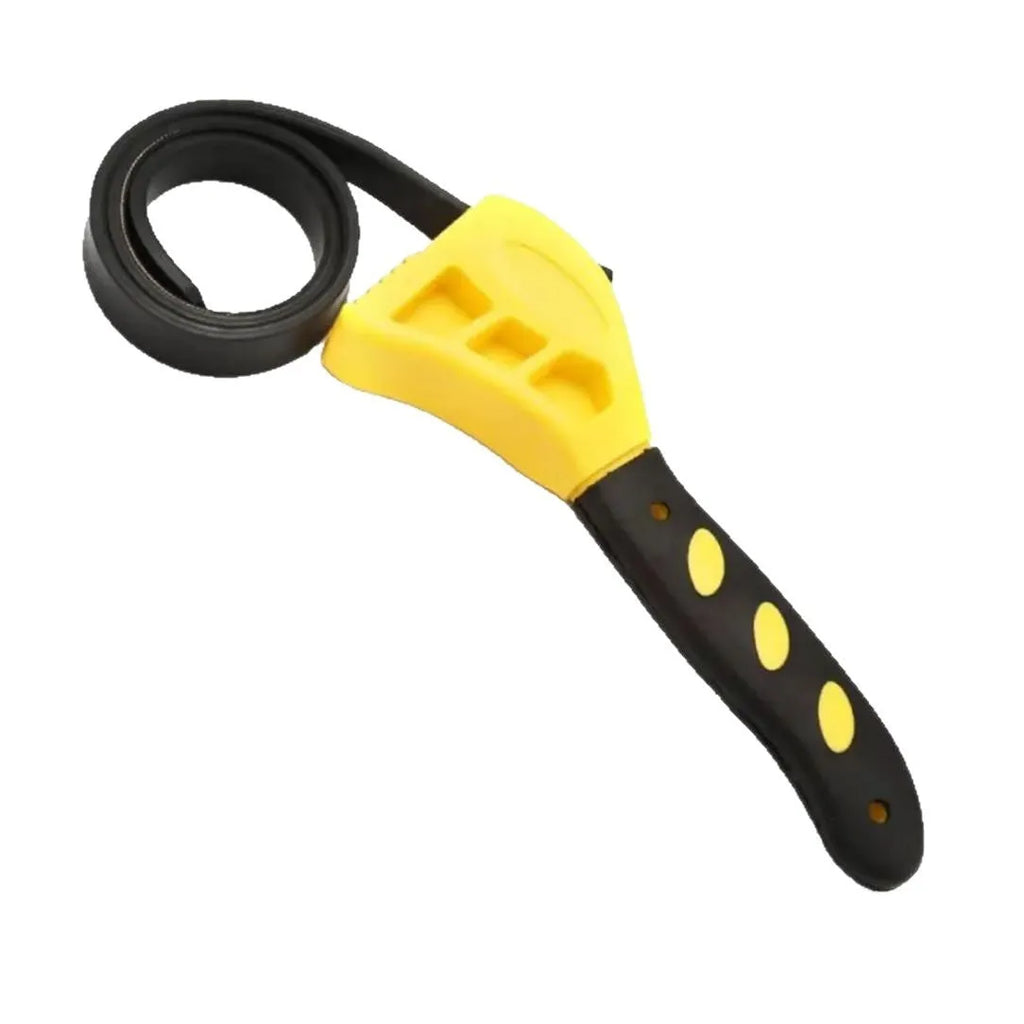 Adjustable rubber strap wrench tool with plastic rubber strap and phosphating finish for filter and plumbing use.