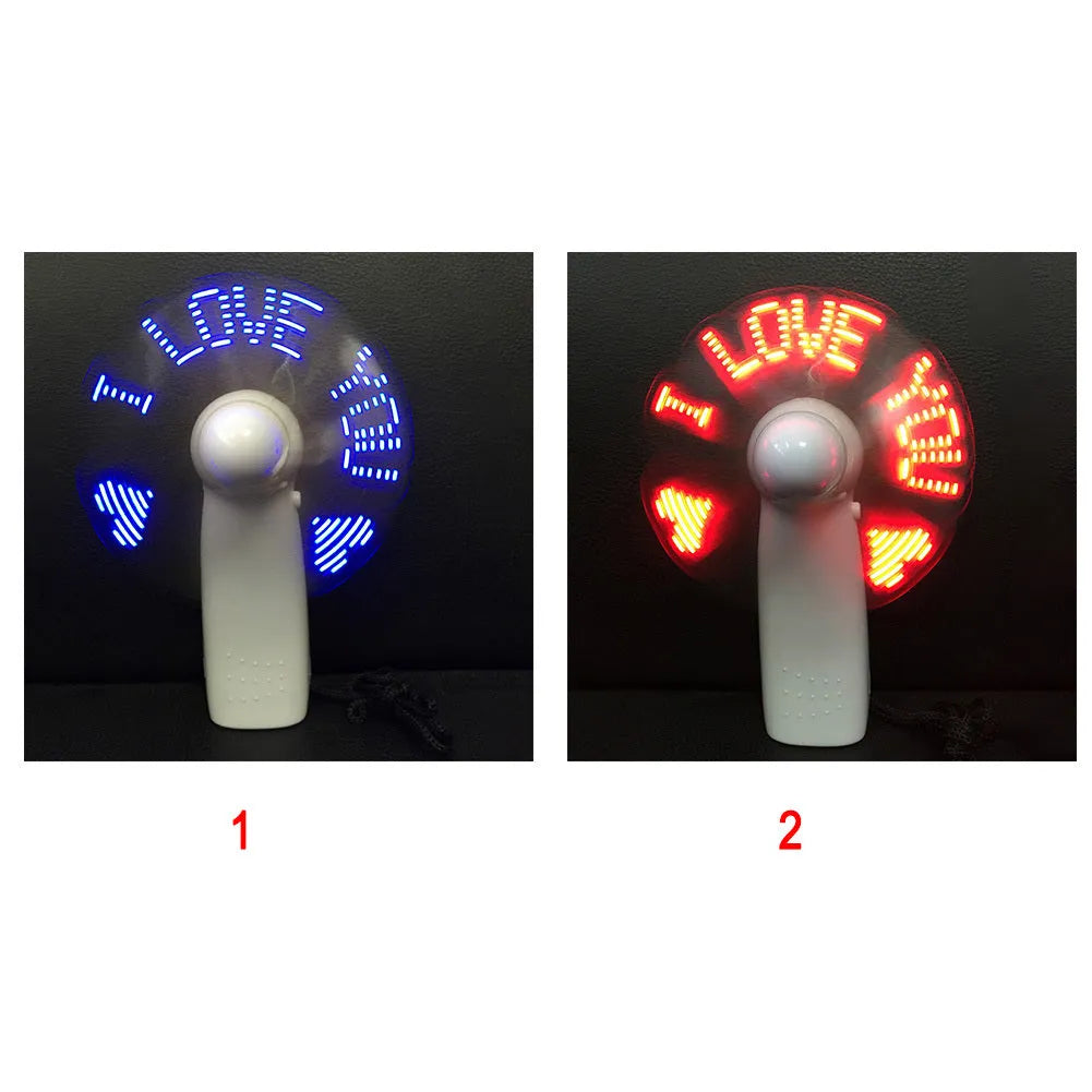 White handheld mini fan with LED love pattern display showing blue and red colours