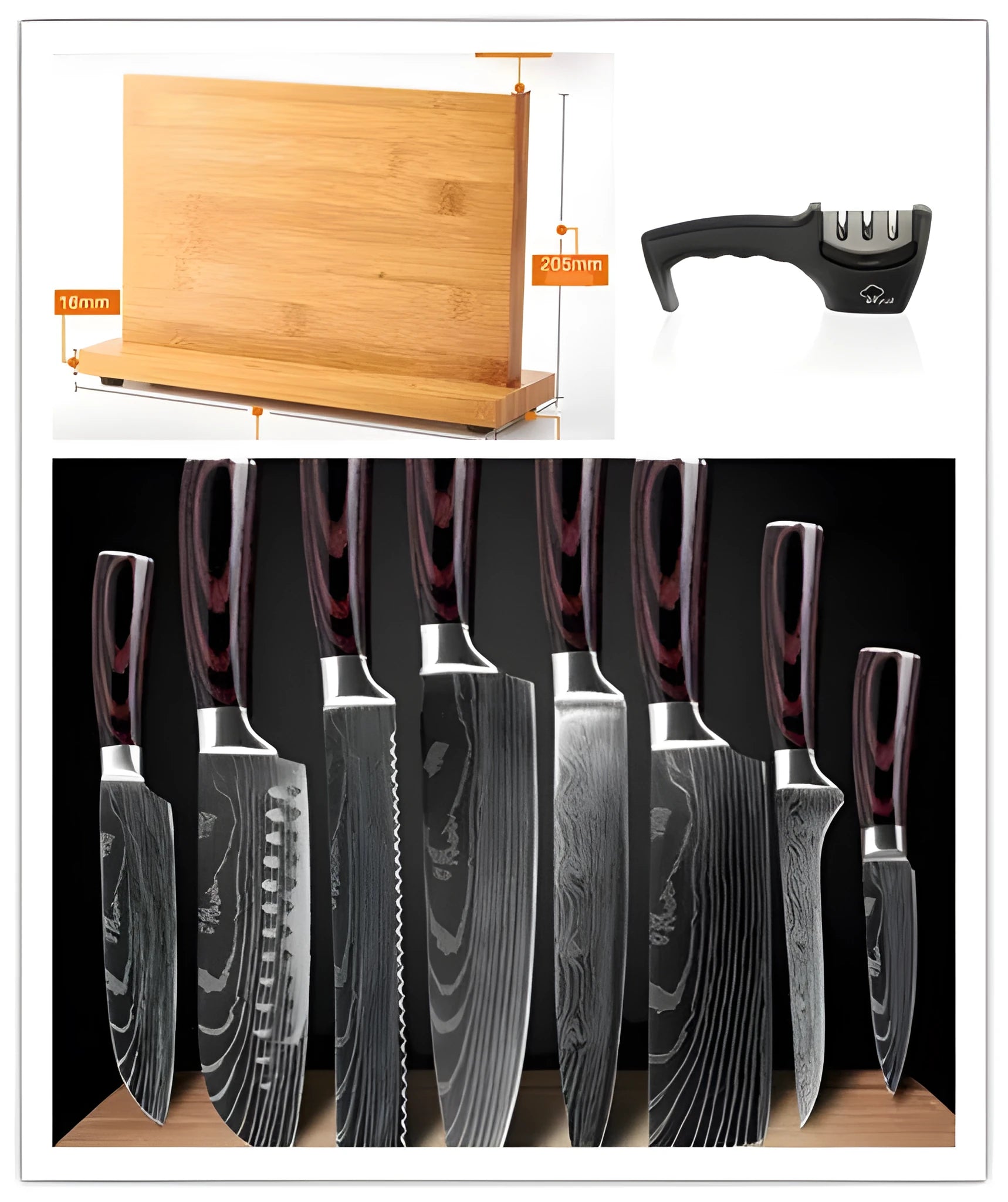 Eight-piece kitchen knife set in a black block with additional damascus steel and high carbon steel knives