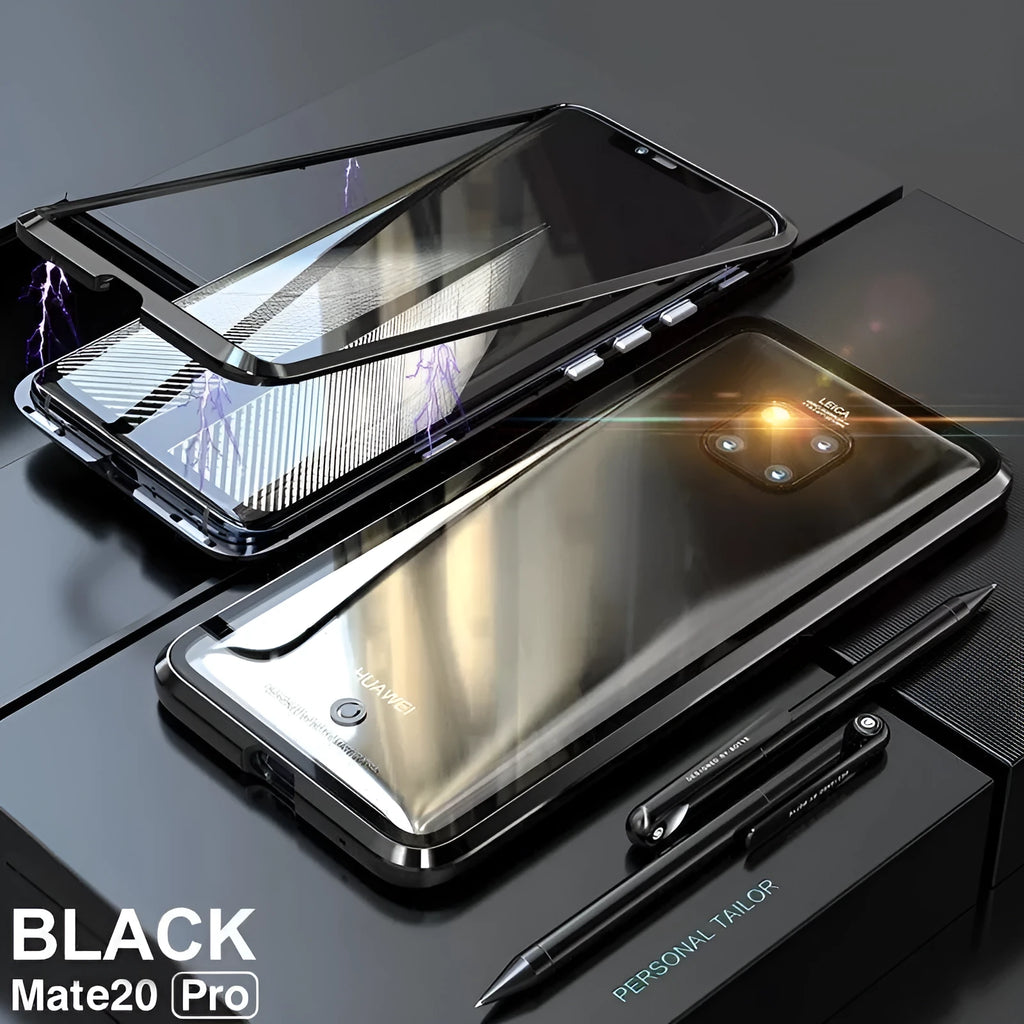 Magnetic metal phone case with tempered glass back for Huawei smartphones showing magnetic attachment points