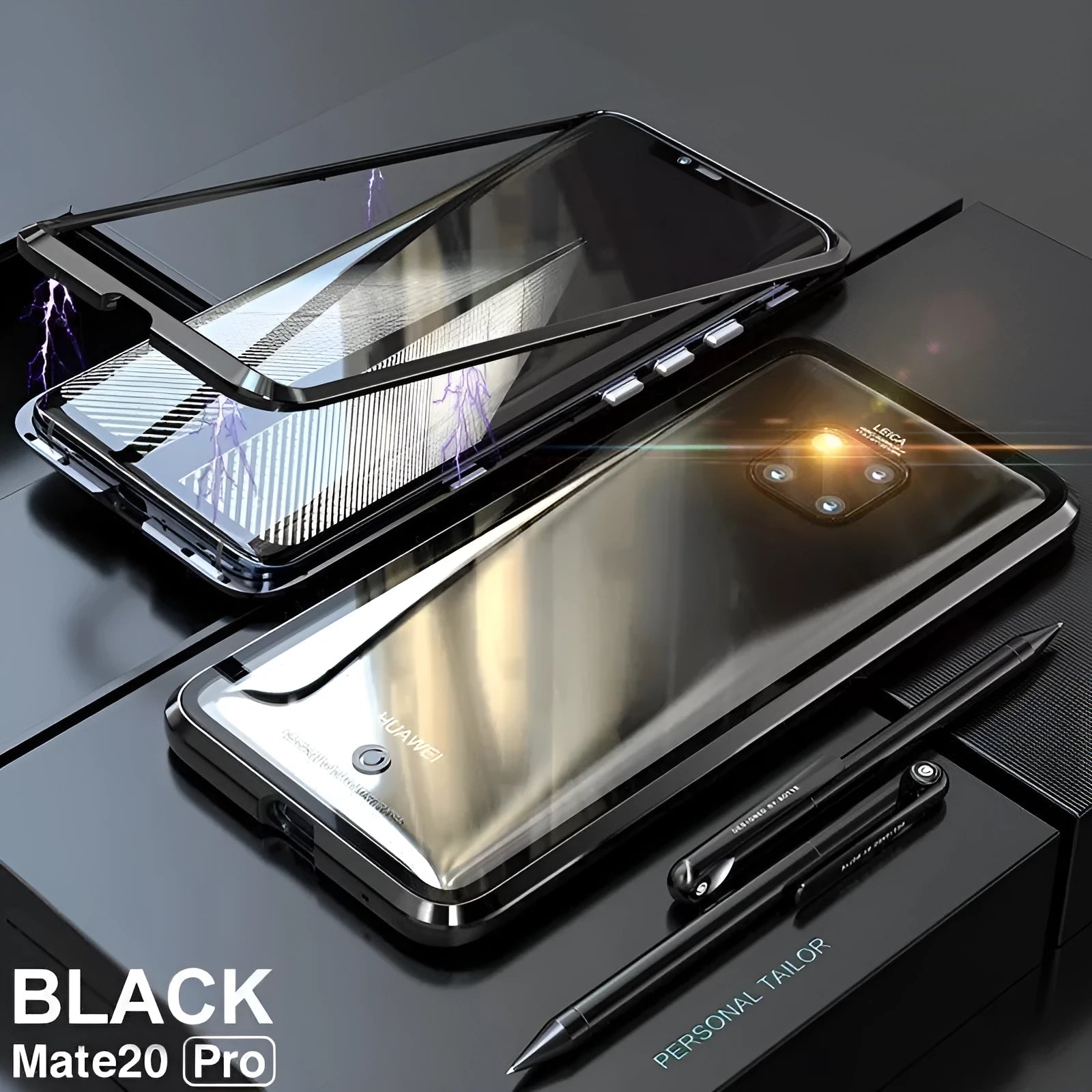Magnetic metal phone case with tempered glass back for Huawei smartphones showing magnetic attachment points