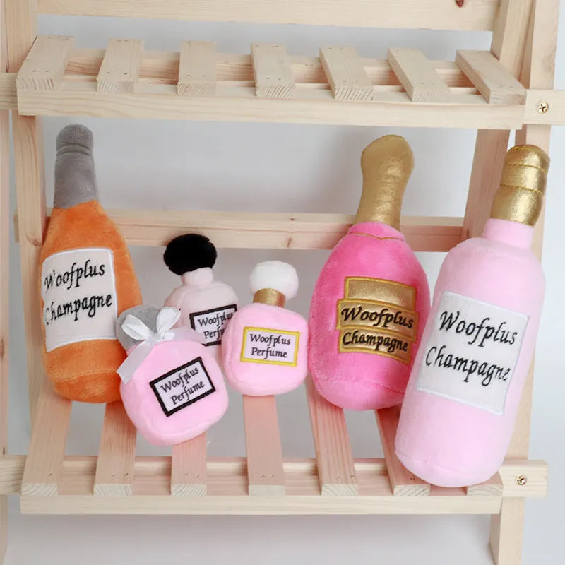 Plush wine bottle pet toy for dogs and cats in assorted colours