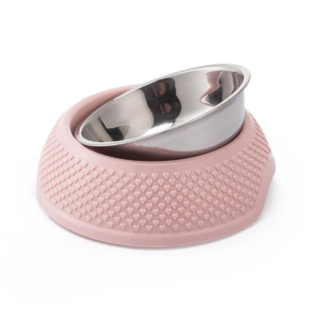 Set of four coloured stainless steel pet bowls with a non-slip base for cats and dogs.