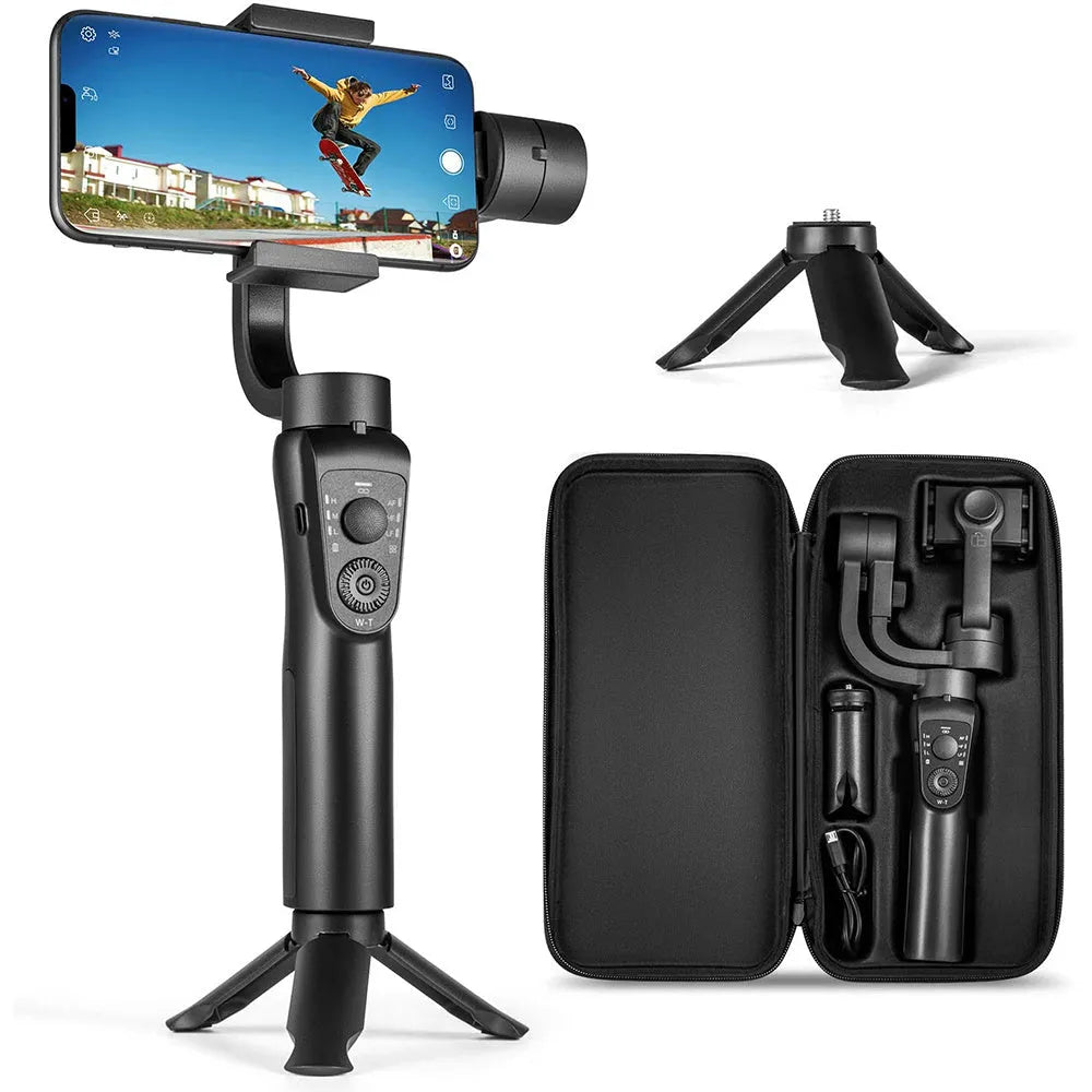 Black three-axis phone gimbal stabilizer with tripod accessory on table