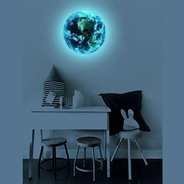 Glow in the dark 3D Earth wall sticker showing luminous planet decoration on wall