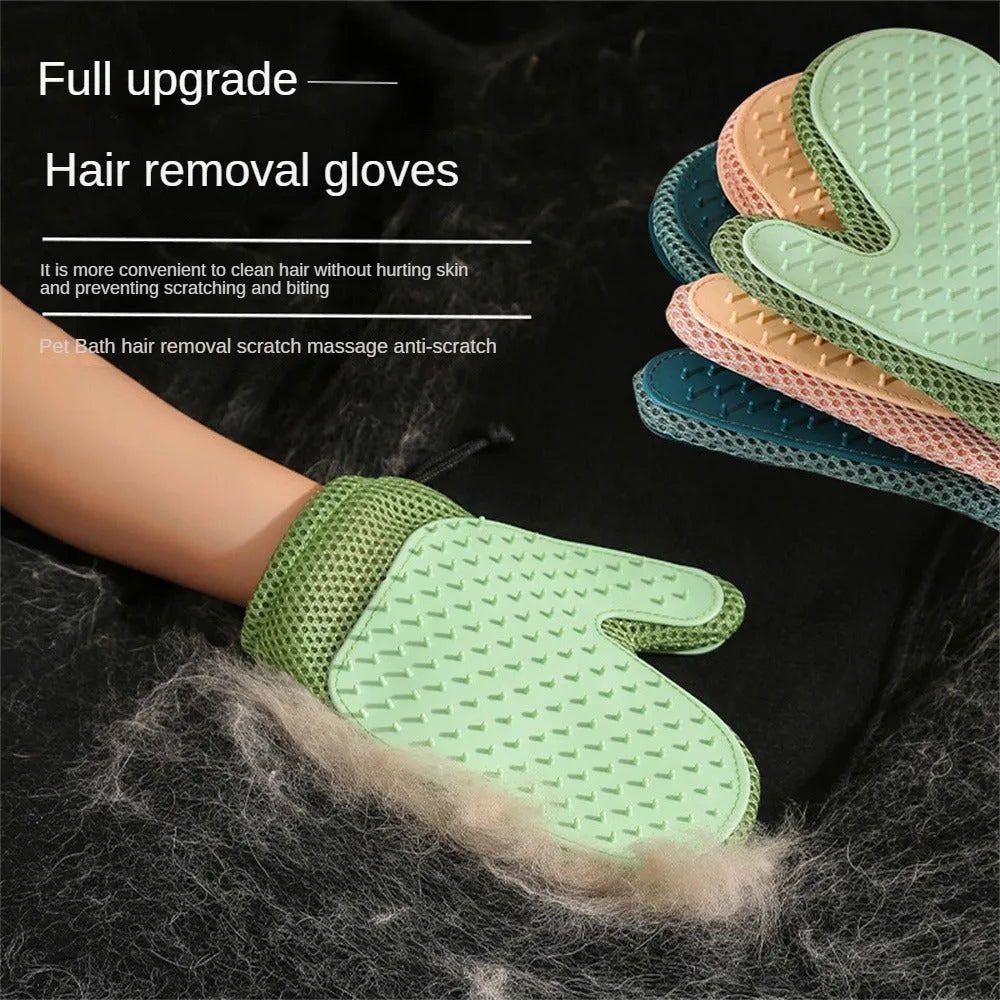 Dark blue pet grooming glove with silicone nubs for removing cat and dog hair.
