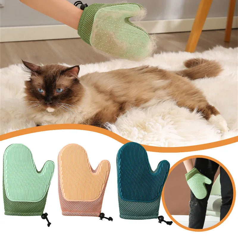 Dark blue pet grooming glove with silicone nubs for removing cat and dog hair.