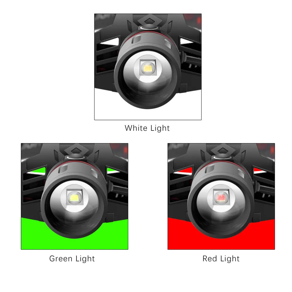 T6 LED zoom headlamp showing white, green, and red light modes with USB charger and batteries.