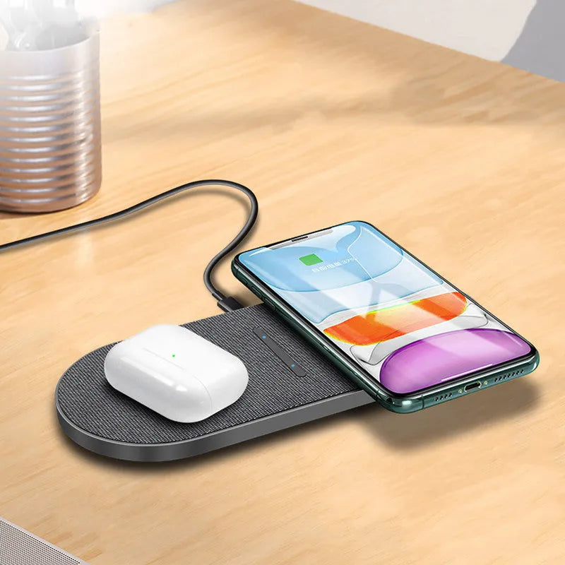 Black wireless charging pad duo for two devices with 10W fast charging capability