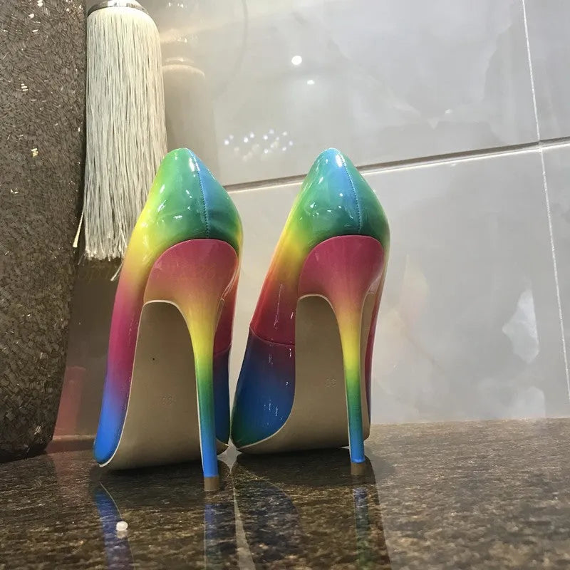 Rainbow patent leather women's stiletto heels with pointed toe and ultra-high thin heel