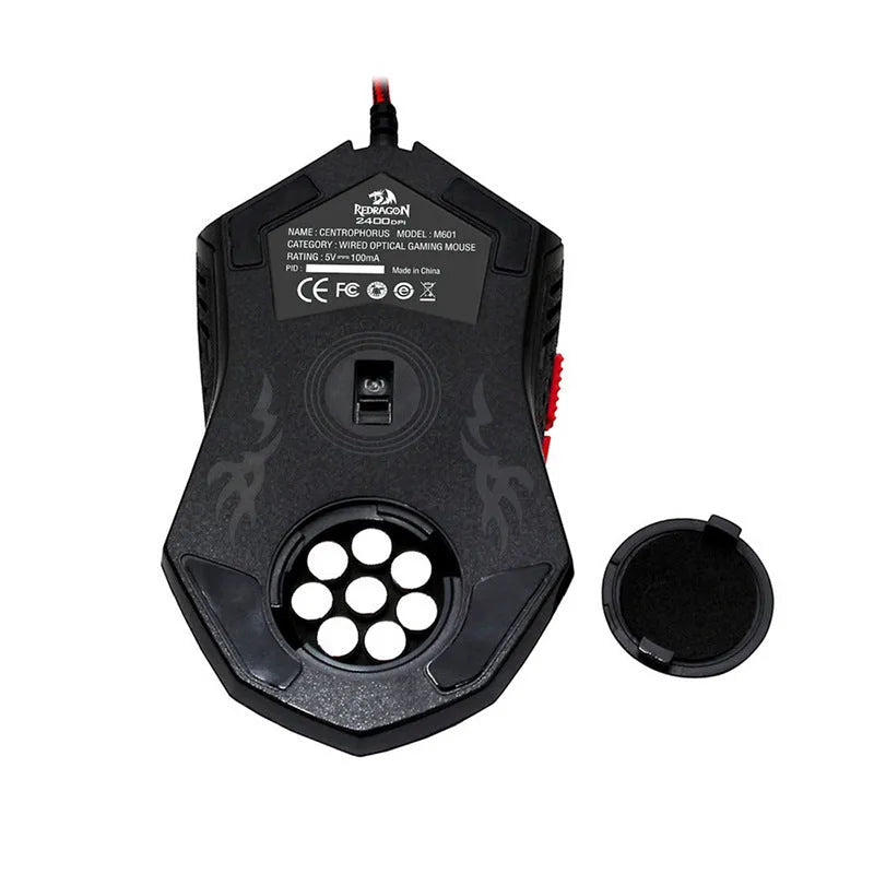 Black and red wired USB optical computer mouse with six buttons on a desk.