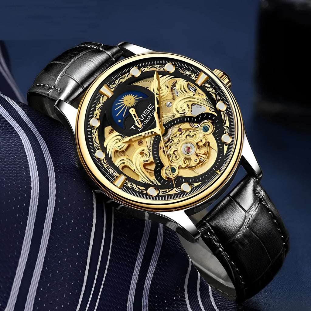 Men's automatic waterproof mechanical watch with leather strap and stainless steel case