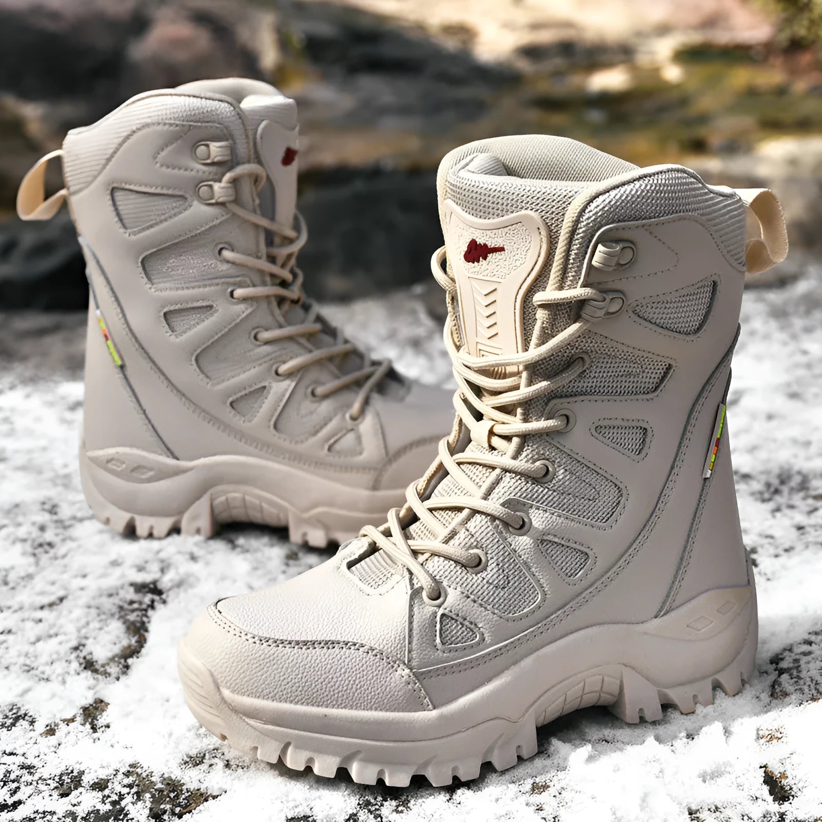 Men's cowhide hi-top hiking shoes in beige, a breathable platform sneaker for outdoor activities.