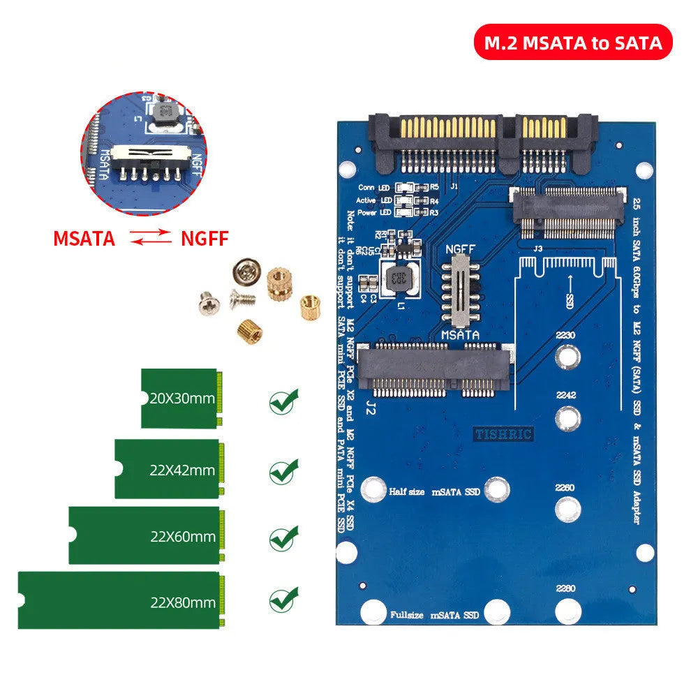 Black and blue SATA3 to M.2 NGFF MSATA SSD conversion adapter card with SATA connectors