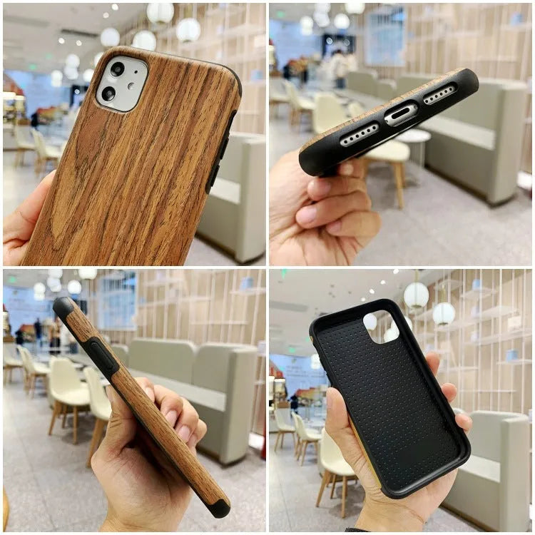 Slim wooden bamboo iPhone back cover case for iPhone 11 Pro shown in a teak wood finish.